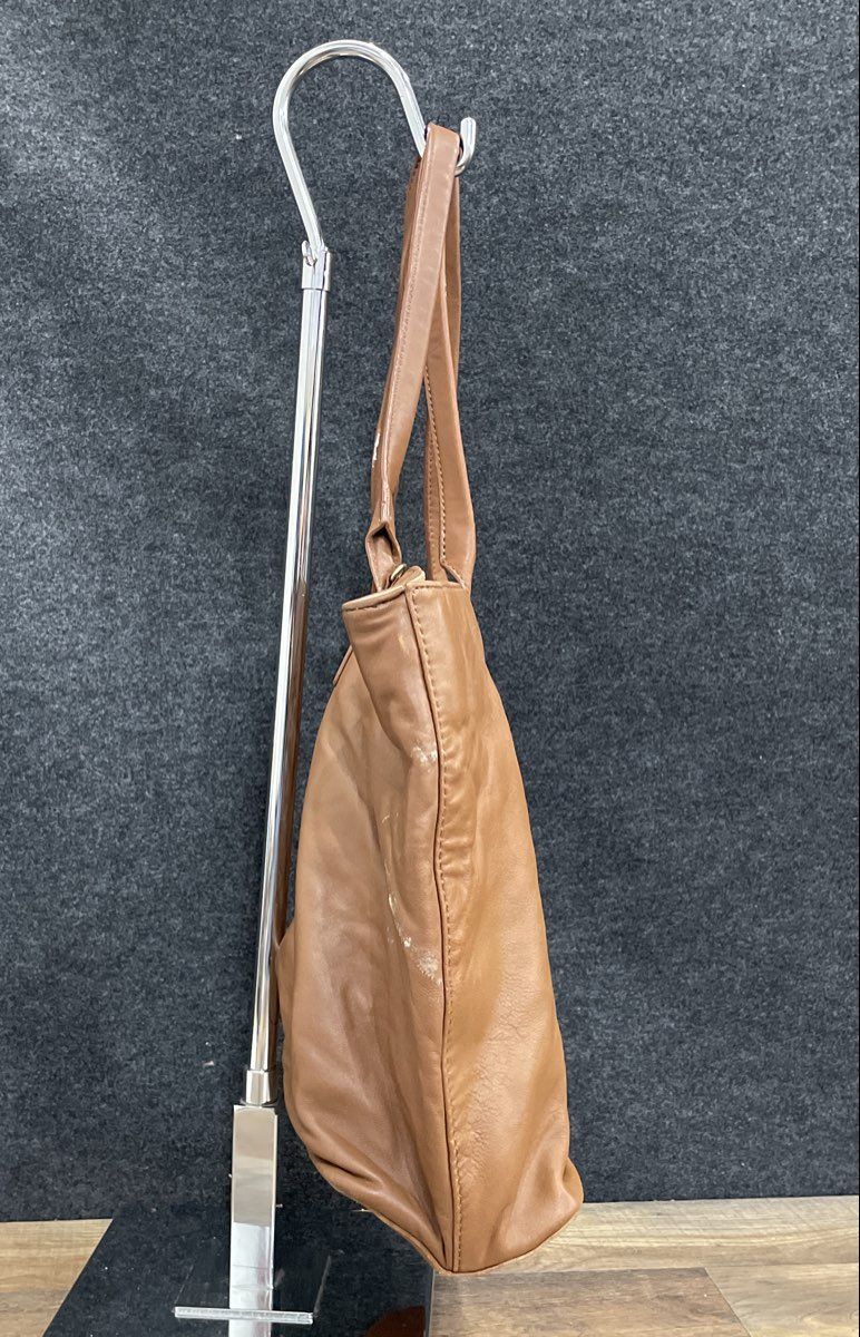 DKNY Brown Leather Large Tote Bag Silver Hardware Front Zip Pocket