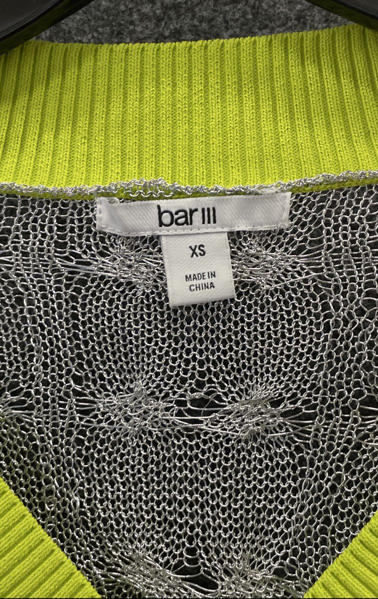 Bar III Women's V-Neck Top Silver Metallic Neon Yellow Open Knit Mesh NWT Sz XS