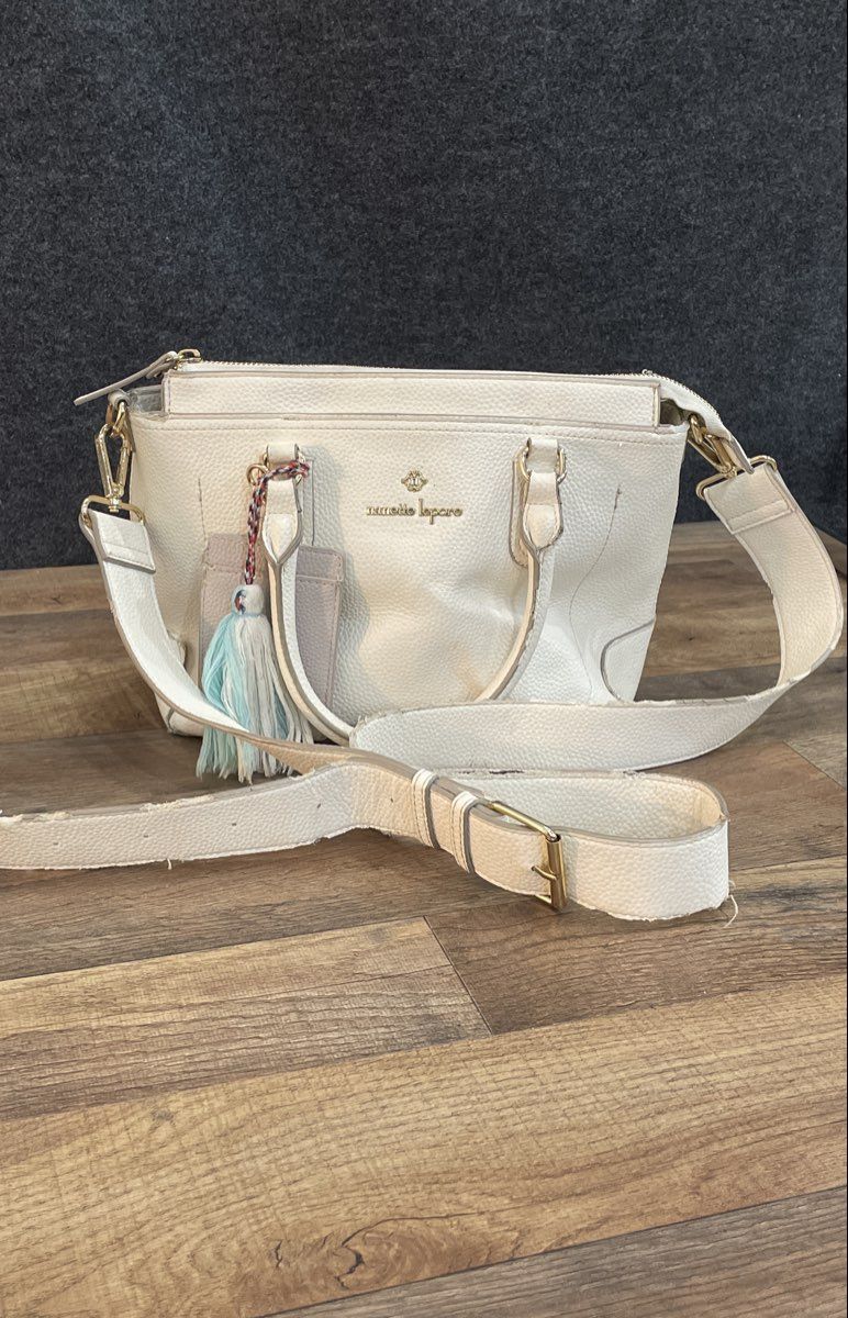 Nanette Lepore White Pebbled Satchel Crossbody Bag Removable Strap Tassel
