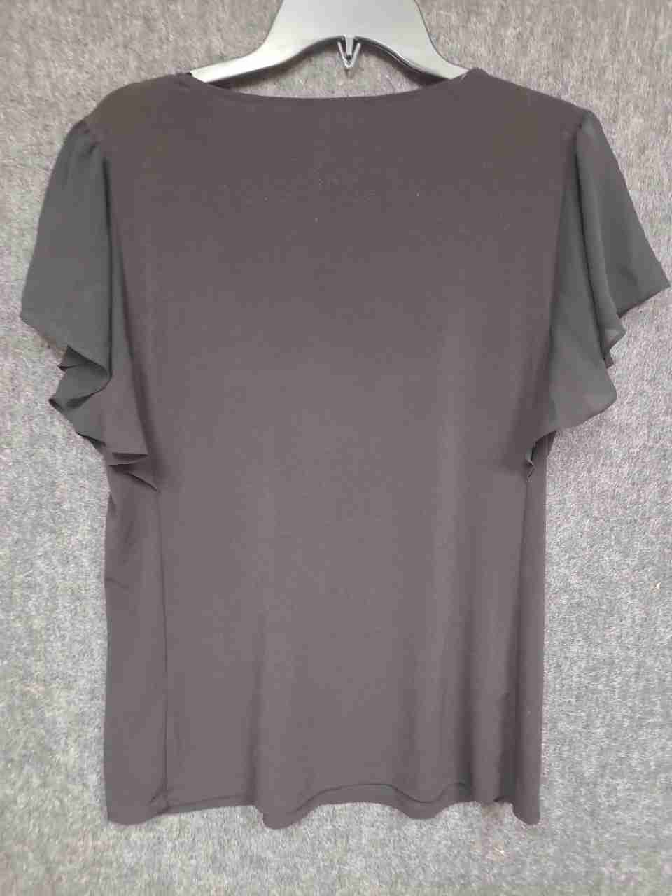 Calvin Klein Women's Black Flutter Ruffle Sleeve Round Neck Blouse Top Sz S