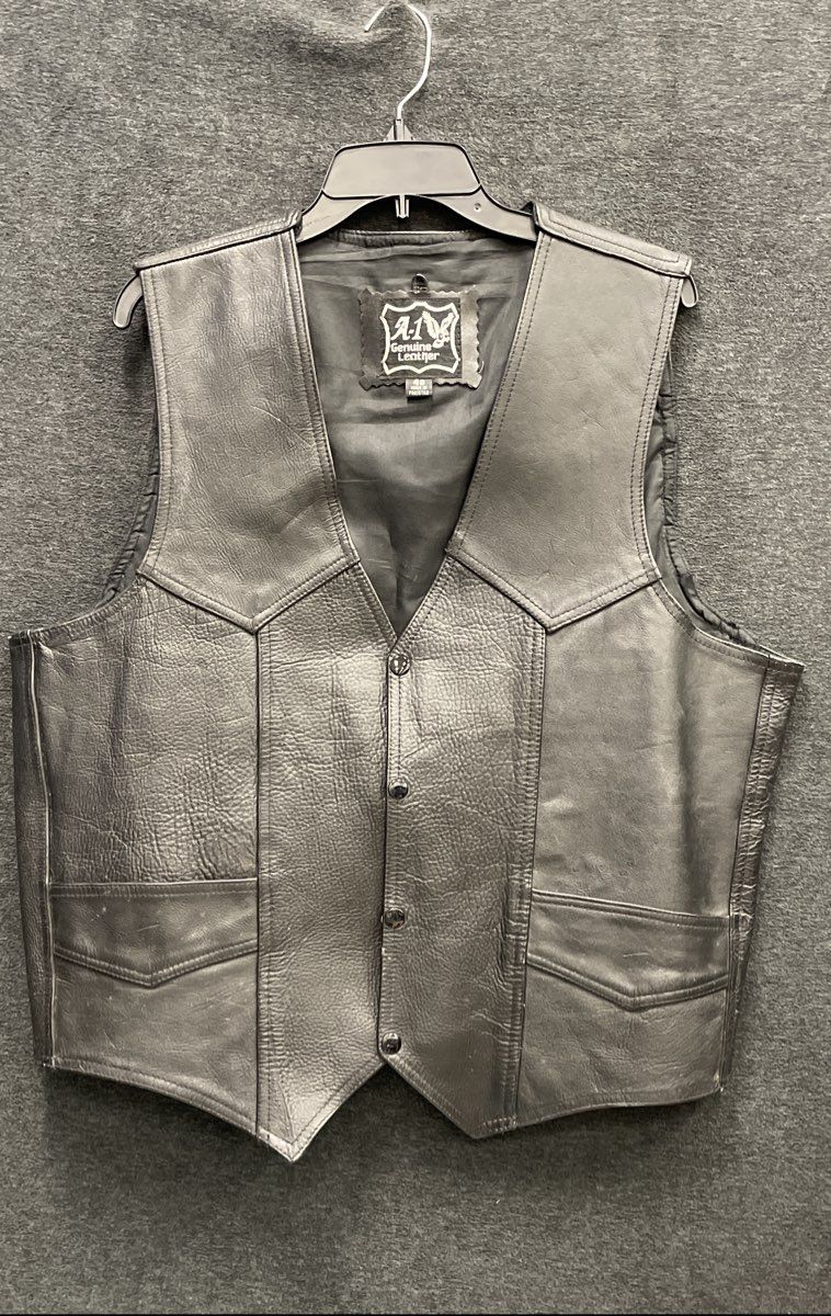 A-1 Men's Black Genuine Leather Western Biker Motorcycle Snap Front Vest Sz 48