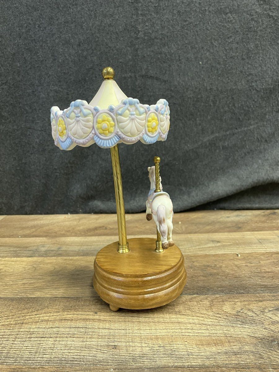 Vintage Carousel Horse Music Box Edelweiss Pastel Ceramic Figurine Wood Base