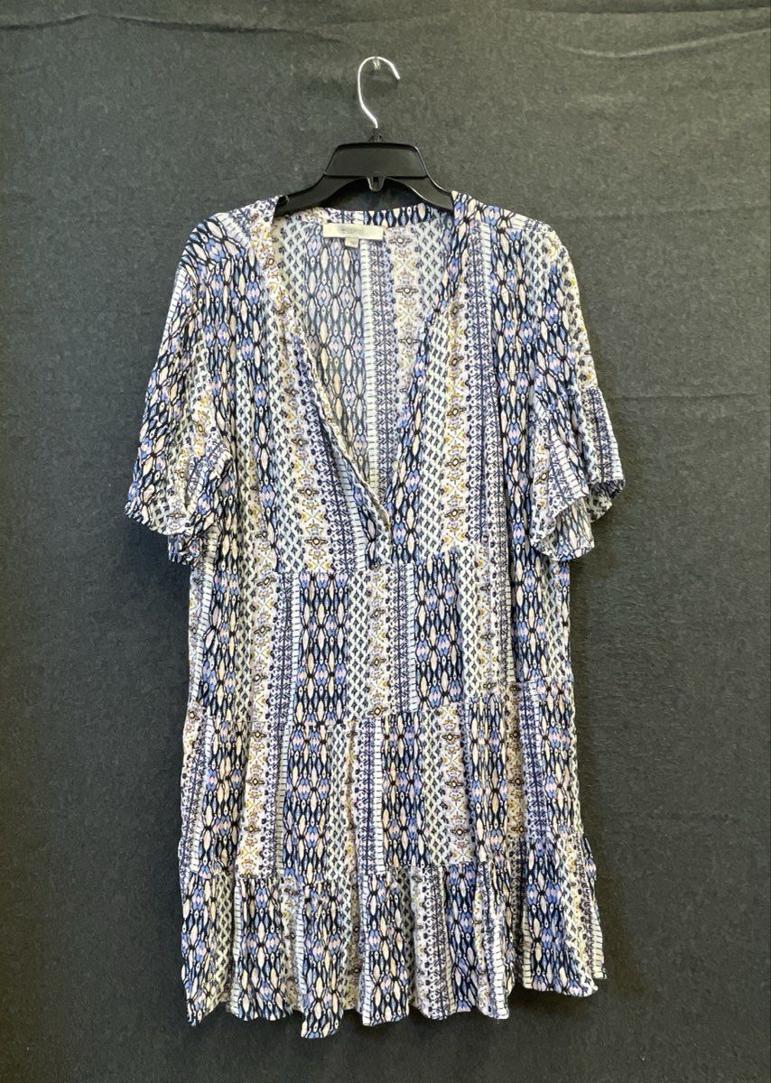 LOFT Women's Geometric Boho Tiered Rayon Short Sleeve V-Neck Dress Sz L