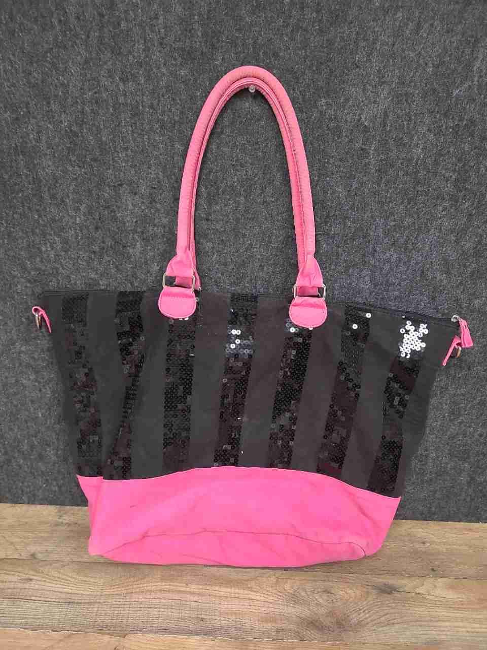 Victoria's Secret Sequin Canvas Tote Bags Striped Pouch Pink Black Lot of 3
