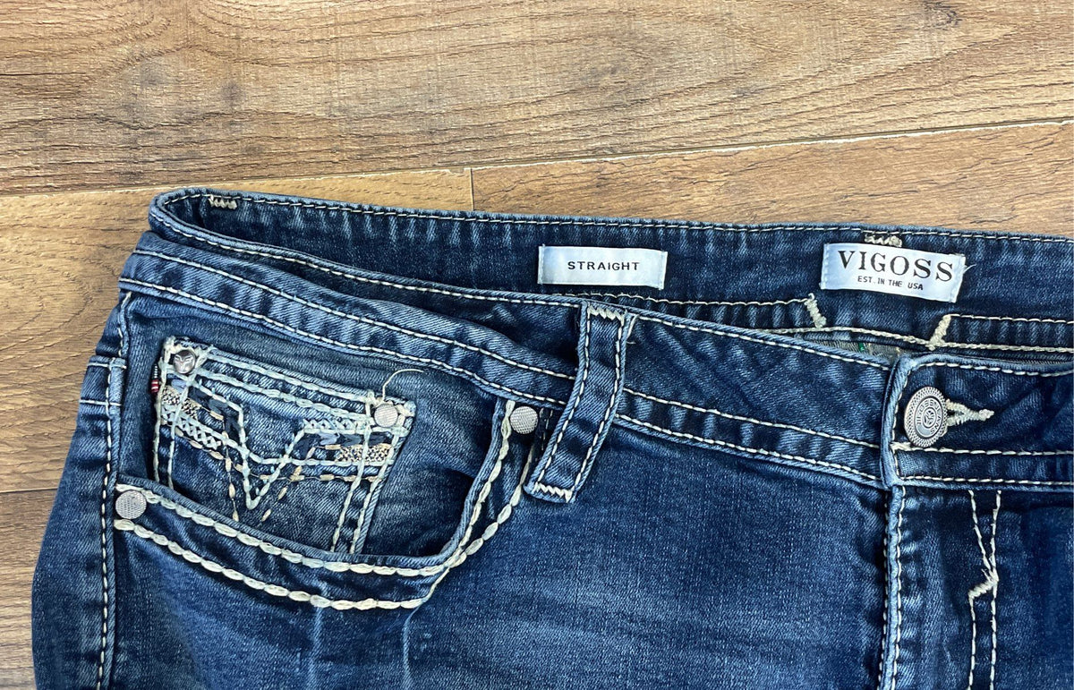 Vigoss Women's Blue Embroidered Straight Leg Stretch Denim Jeans Size 22