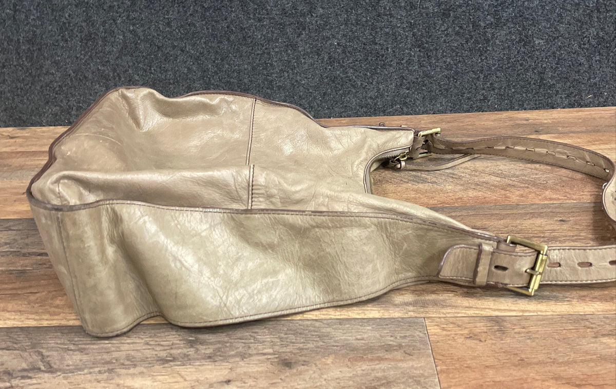 HOBO Taupe Beige Leather Slouchy Shoulder Bag Brass Hardware