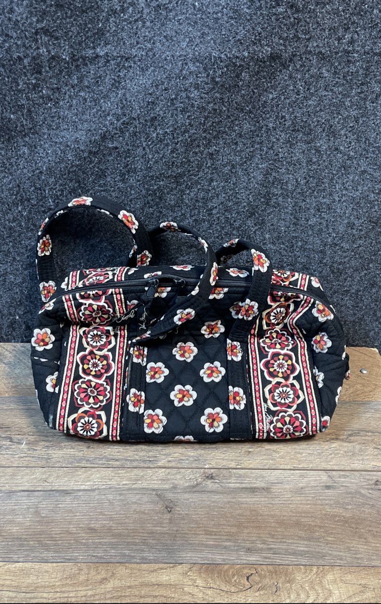 Vera Bradley Black Floral Quilted Cotton Satchel Handbag Red Plaid Lining