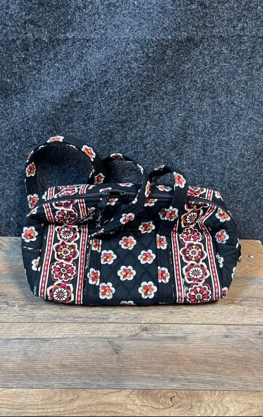 Vera Bradley Black Floral Quilted Cotton Satchel Handbag Red Plaid Lining