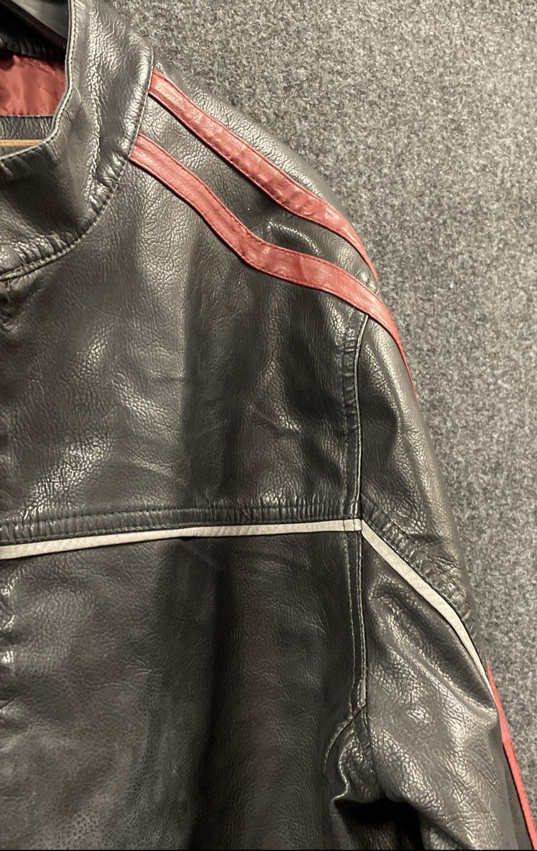 Arizona Men's Black Moto Racer Jacket Faux Leather Red Stripes Vintage Y2K Sz M