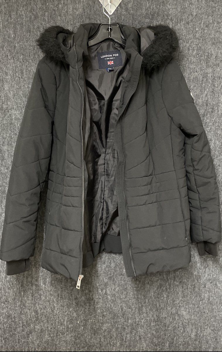London Fog Women's Black Quilted Puffer Coat Faux Fur Trim Hooded Jacket Sz L