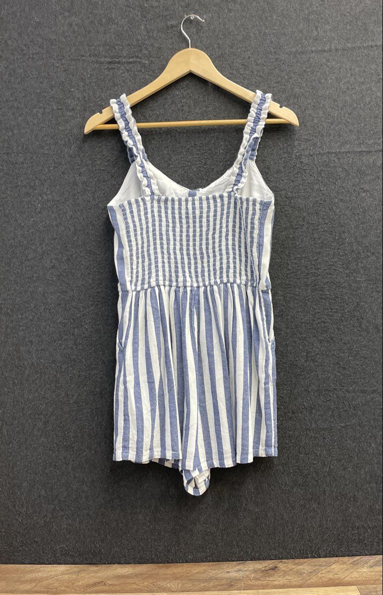 Hollister Women's Blue White Striped Cotton Linen Romper Sz M NWT