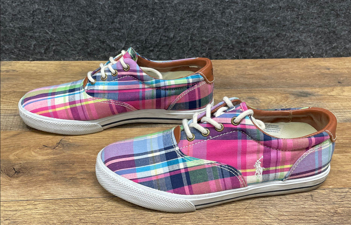Polo Ralph Lauren Vaughn Pink Multi Plaid Canvas Sneakers Size 5.5 Junior