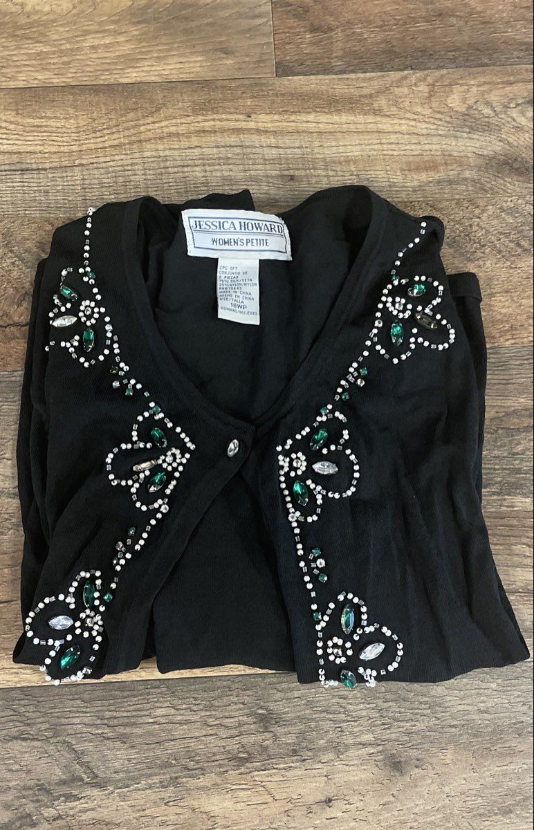 Vintage Y2K Jessica Howard Women's Black Silk Beaded Cardigan Sweater Sz 18WP