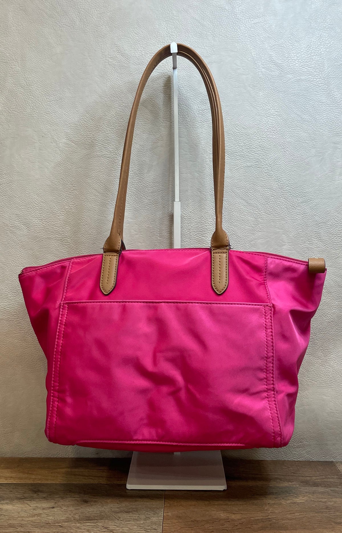 Michael Kors Hot Pink Nylon Tote Bag Brown Leather Trim Gold Hardware