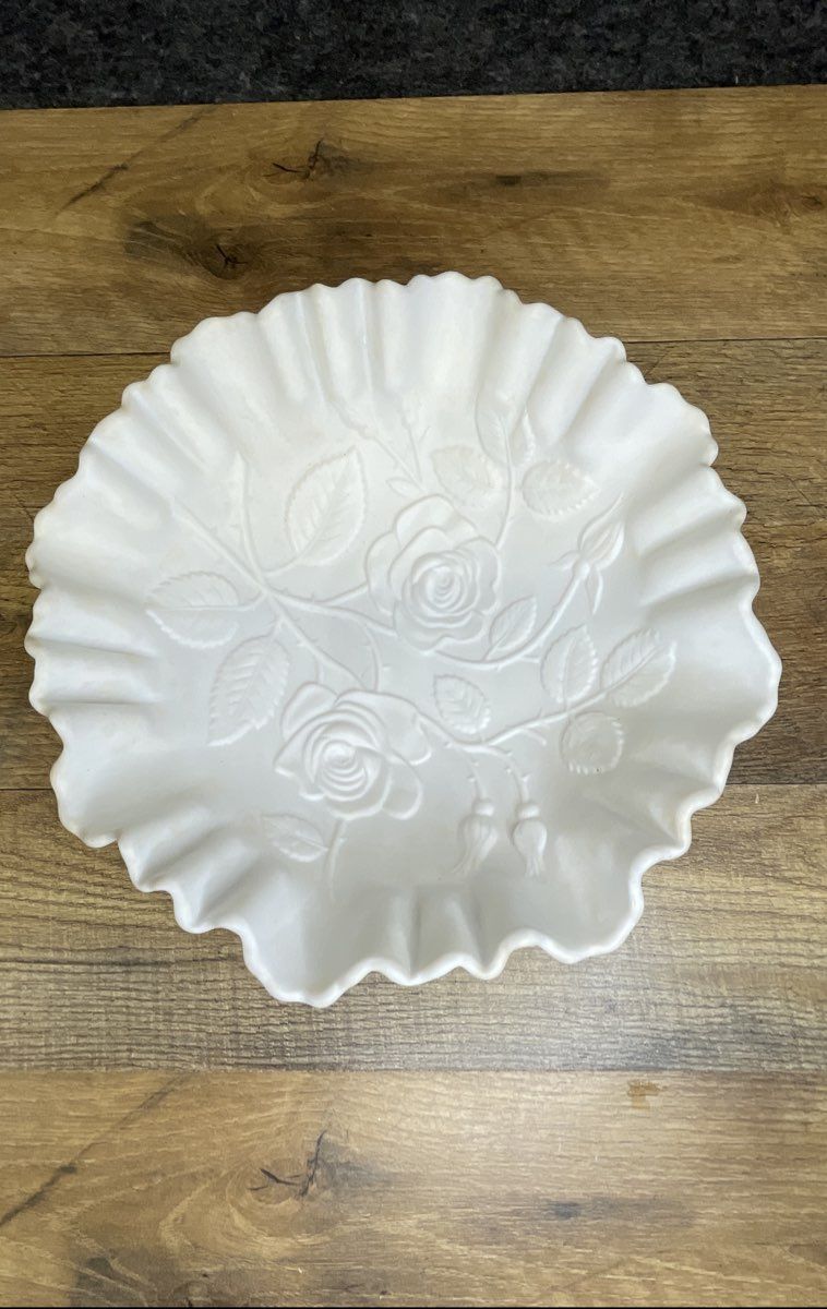 Satin Glass White Rose Pattern Ruffled Bowl 9 Inch Vintage