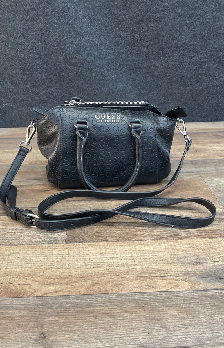 Guess Black Embossed Logo Satchel Handbag Crossbody Silver Hardware