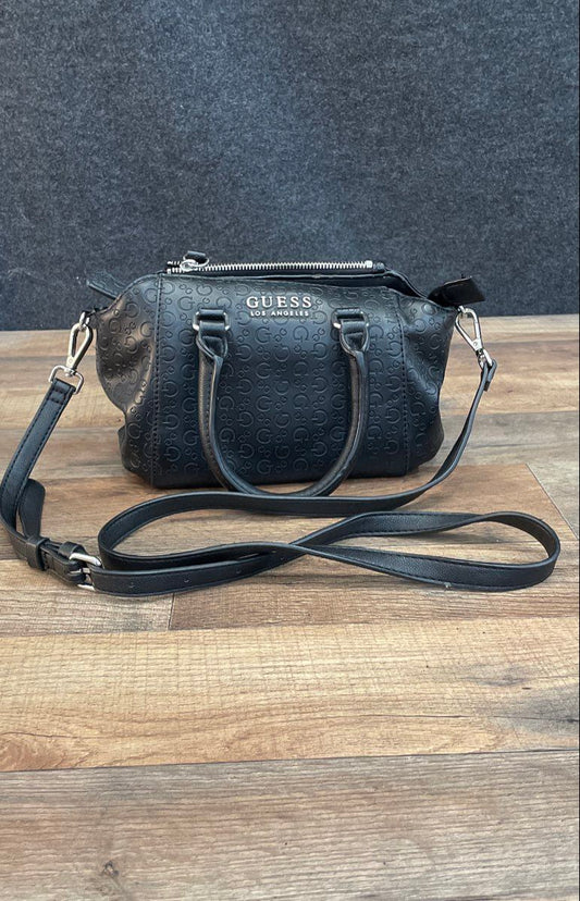 Guess Black Embossed Logo Satchel Handbag Crossbody Silver Hardware