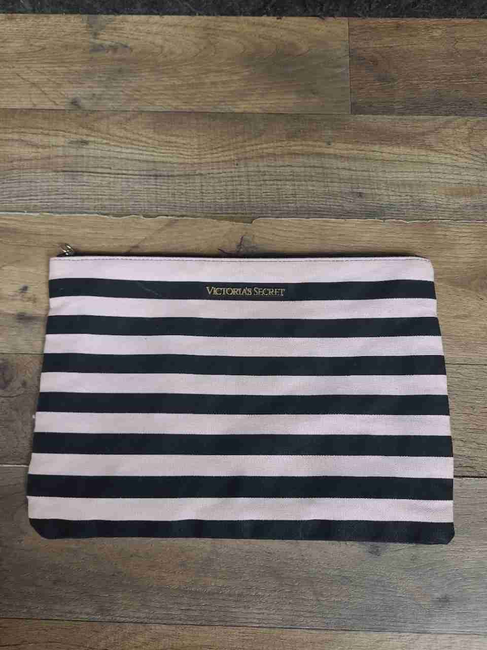 Victoria's Secret Sequin Canvas Tote Bags Striped Pouch Pink Black Lot of 3