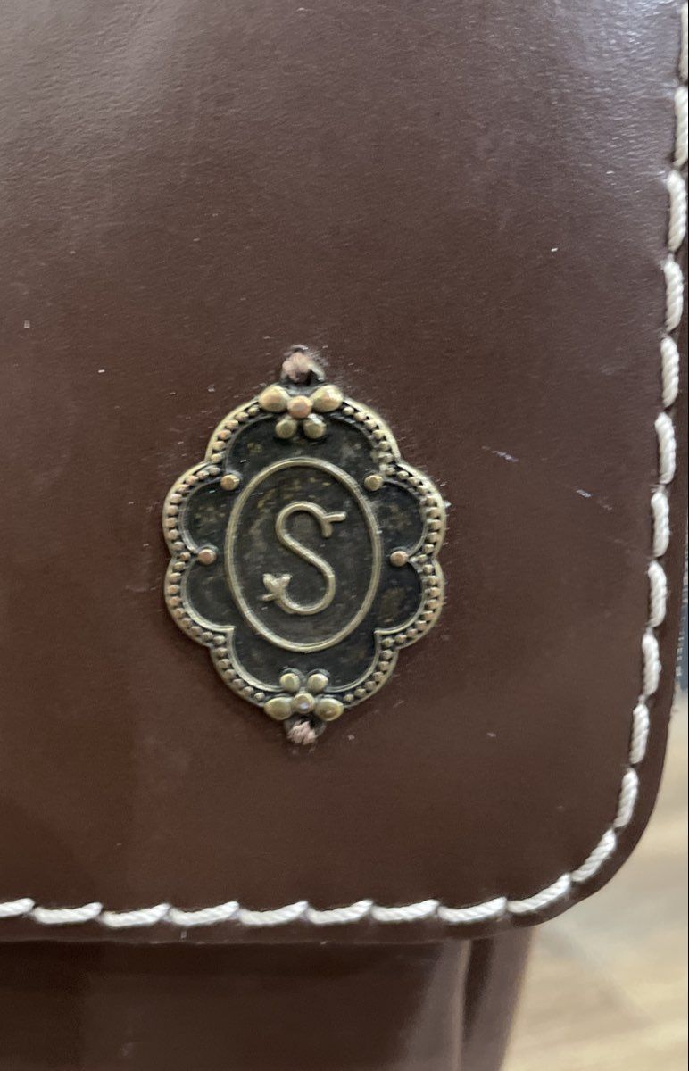 Vintage Brown Leather S Monogram Crossbody Bag White Contrast Stitching