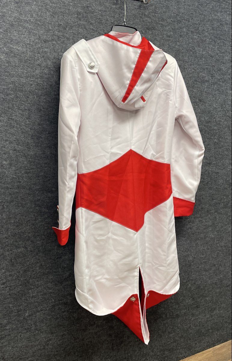 White Red Asymmetrical Zip Hooded Cosplay Tailcoat Jacket Silver Crest Buttons