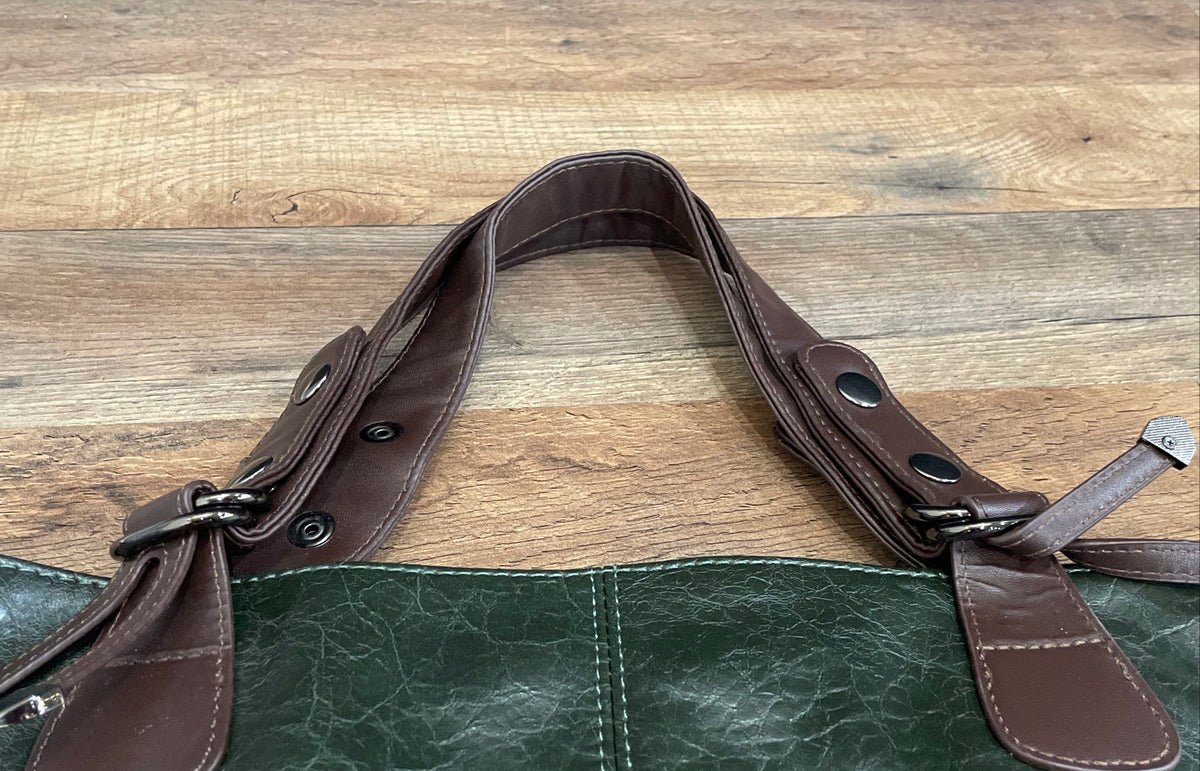 GB Green Textured Leather Tote Bag Brown Trim Gunmetal Hardware Large