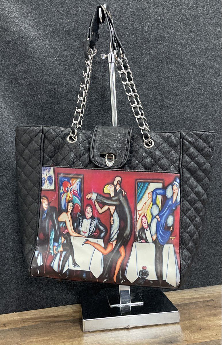 Unbranded Black Leather Quilted Tote Bag Art Deco Graphic Print Silver Hardware