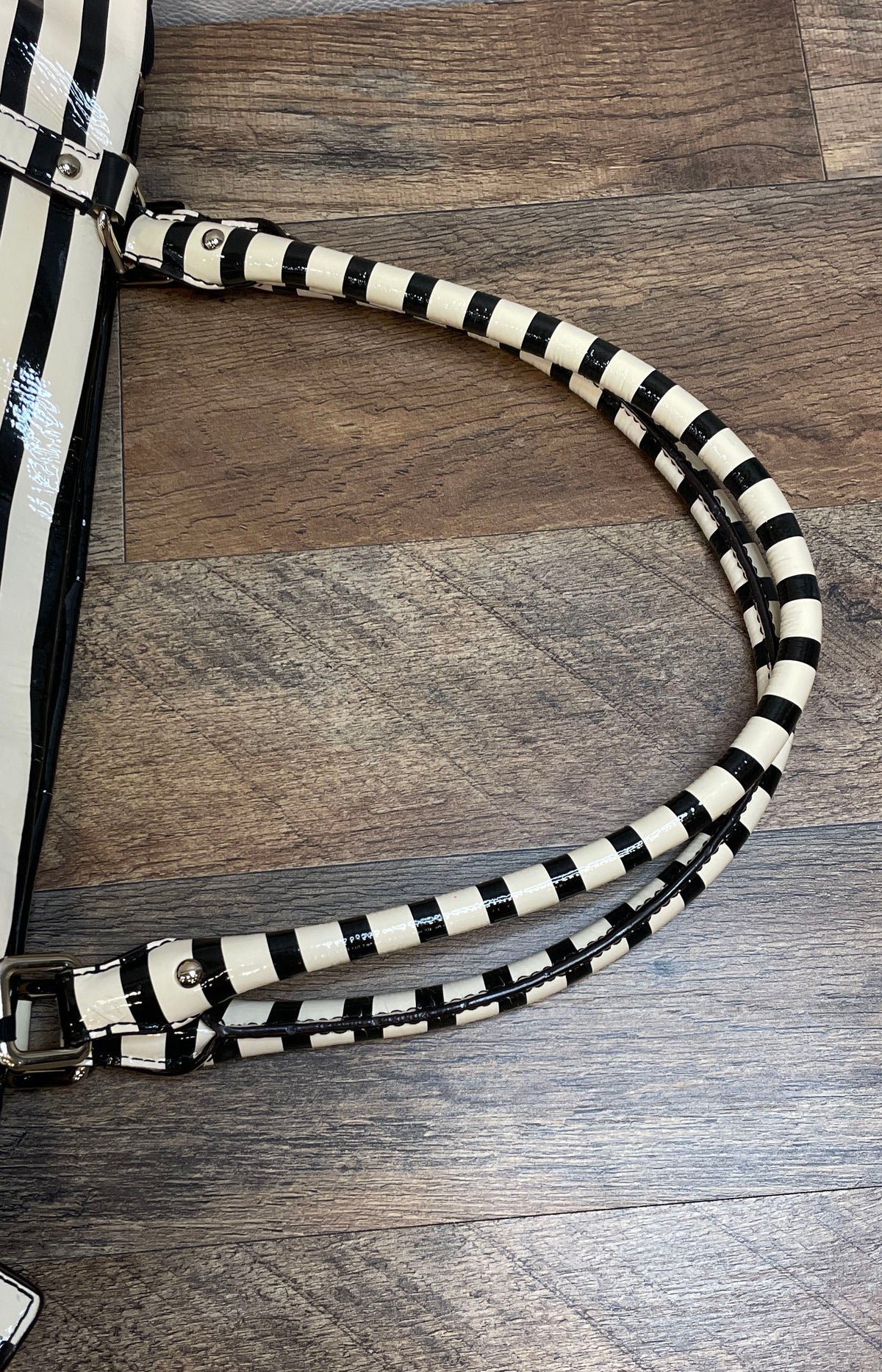 Kate Spade Black White Striped Patent Leather Large Tote Diaper Bag Silver