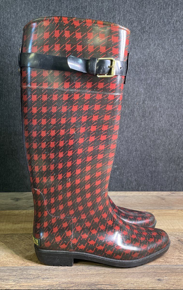 Lauren Ralph Lauren Rossalyn II Red Black Houndstooth Rain Boots Size 6