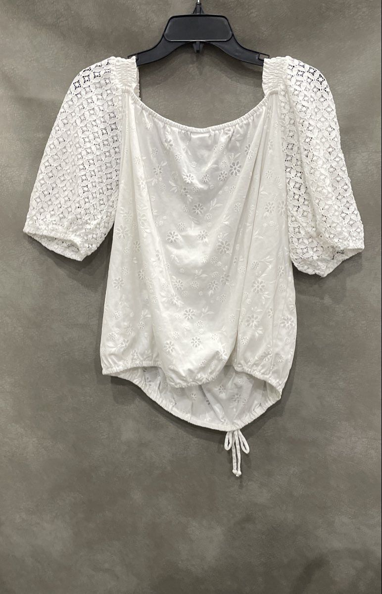 Cato Women's White Eyelet Floral Lace Puff Sleeve Bubble Hem Blouse Sz L
