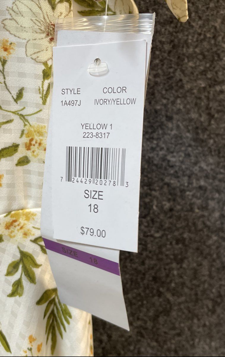 R&K Women's Ivory Yellow Floral V-Neck Short Sleeve A-Line Dress Sz 18 NWT