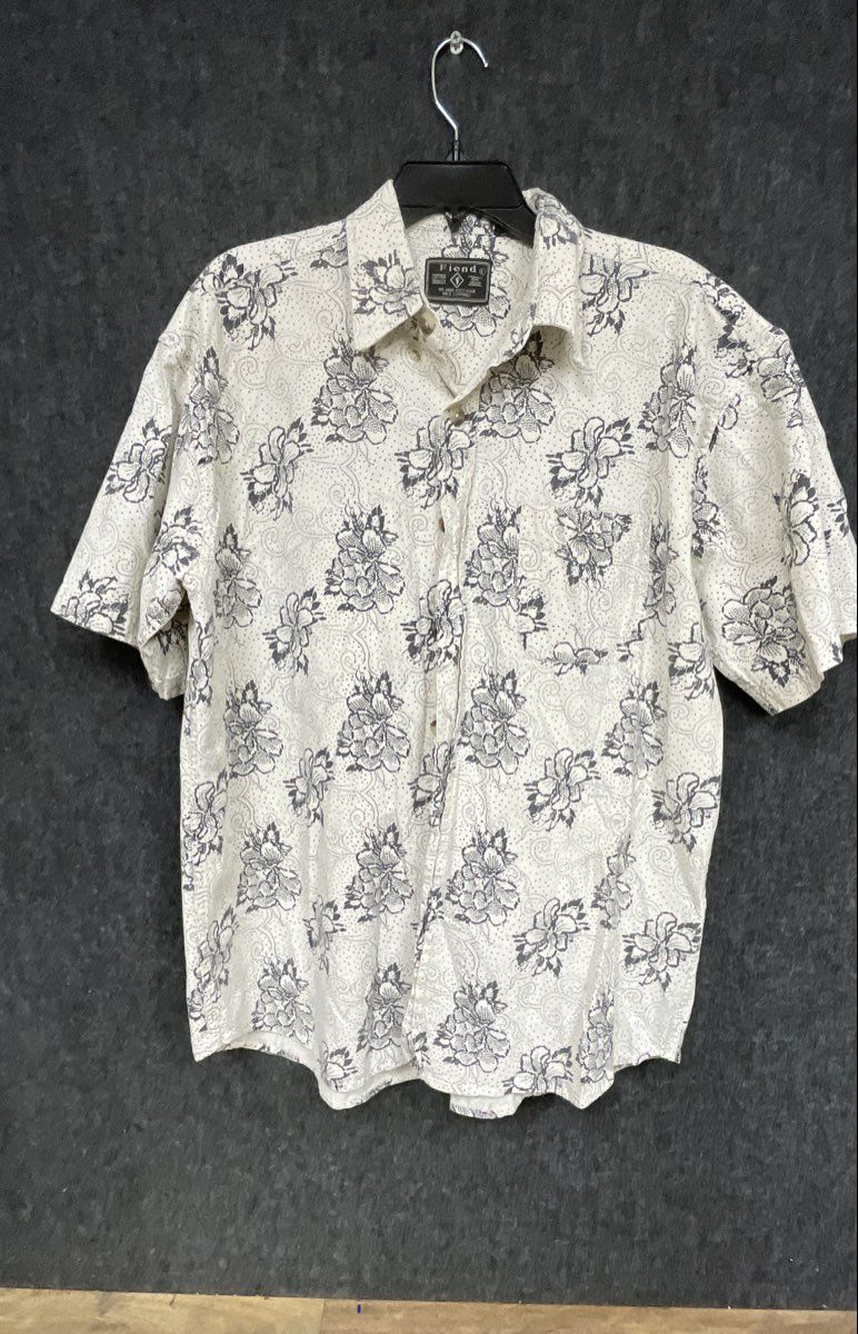 Fiend Men's Cream Black Floral Swirl Print Short Sleeve Button Down Shirt Sz L