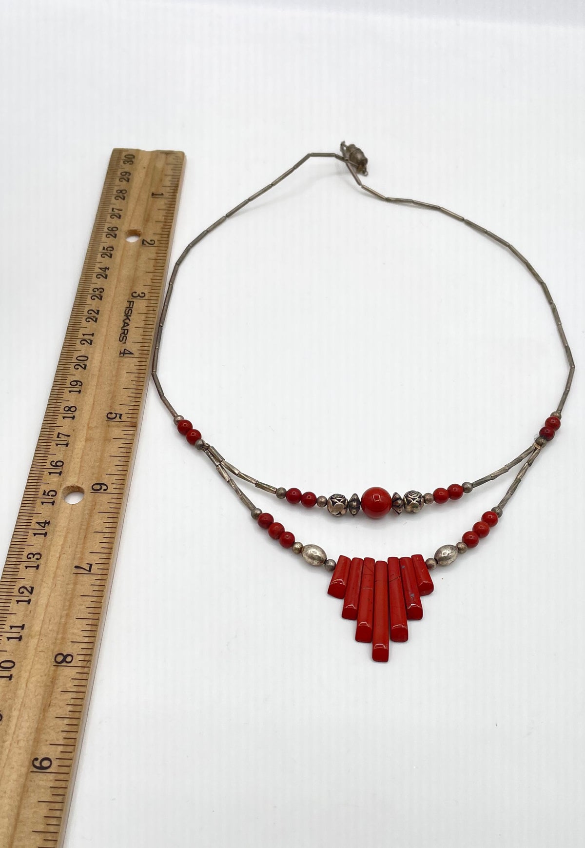 Mixed Metal Red Jasper Southwestern Style Double Strand Beaded Necklace 12.2g