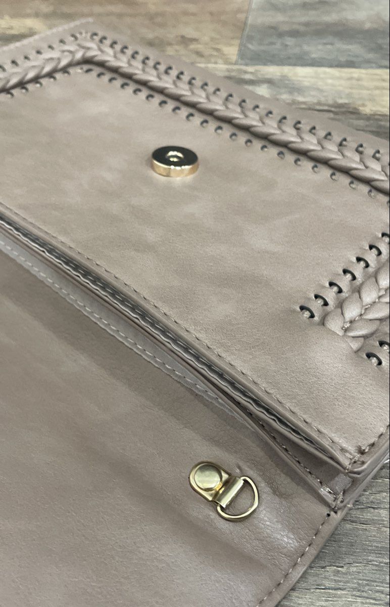 Grey Leather Braided Whipstitch Envelope Clutch Bag Gold Hardware Large