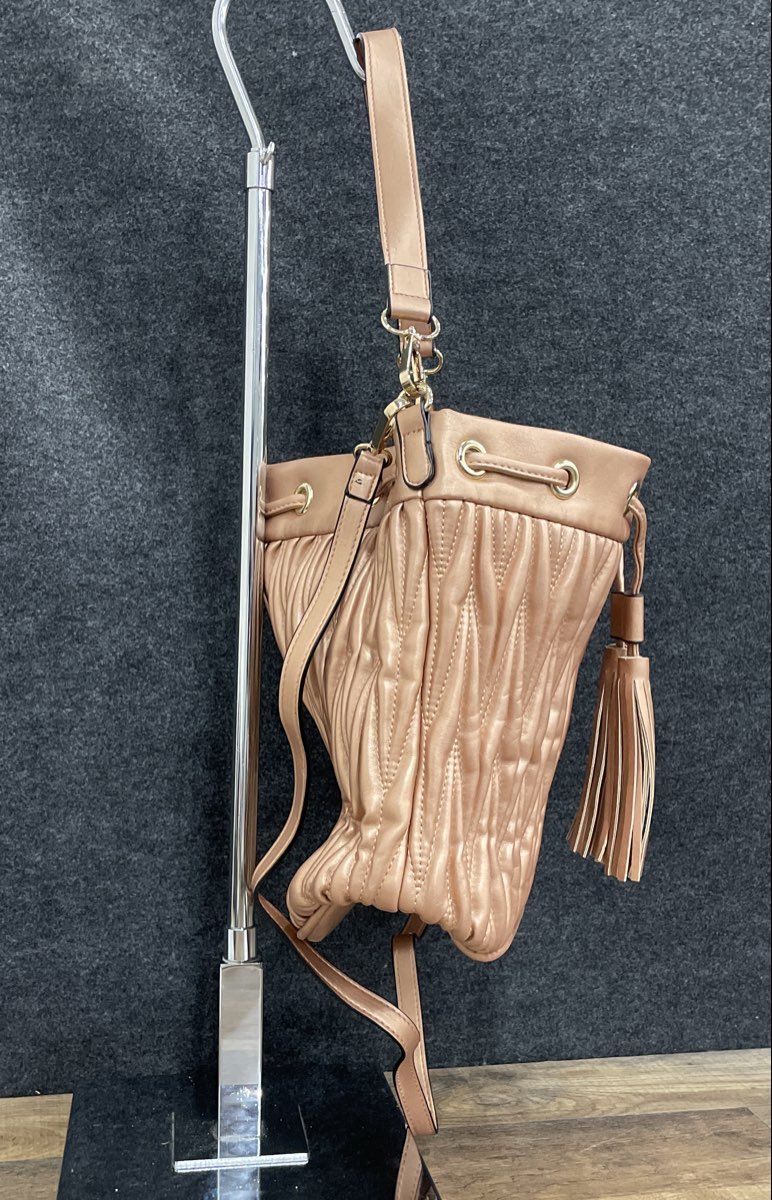 Pink Leather Quilted Tassel Bucket Bag Rose Gold Crossbody Handbag Large
