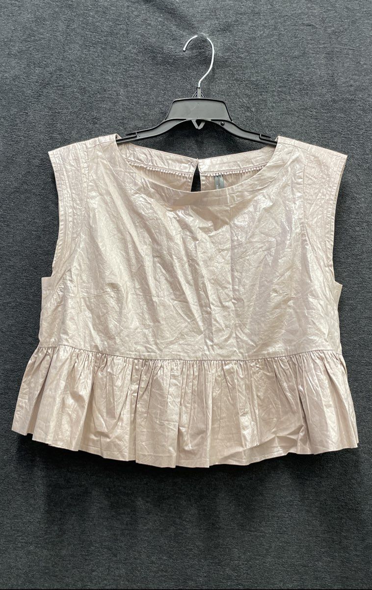 Anthropologie Women's Metallic Champagne Peplum Sleeveless Blouse Pom Pom Sz S