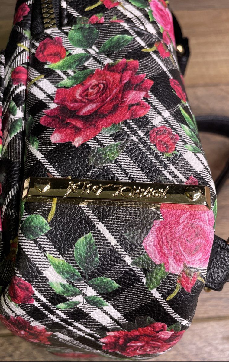 Betsey Johnson Kitsch Mini Backpack Plaid Floral Rose Dog Face Frenchie
