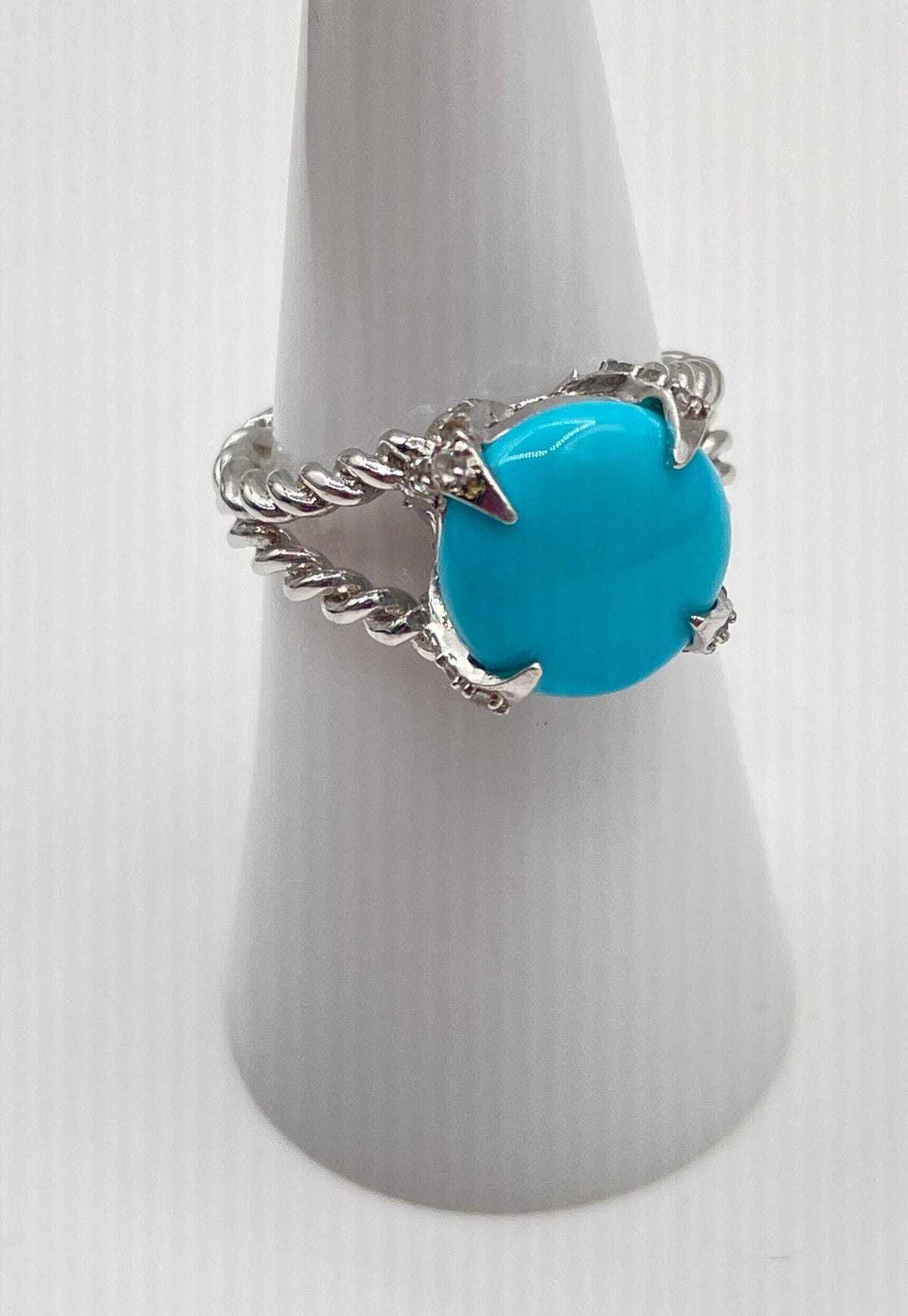 925 Sterling Silver Faux Turquoise Topaz Accents Twisted Rope Band Ring 3.5g