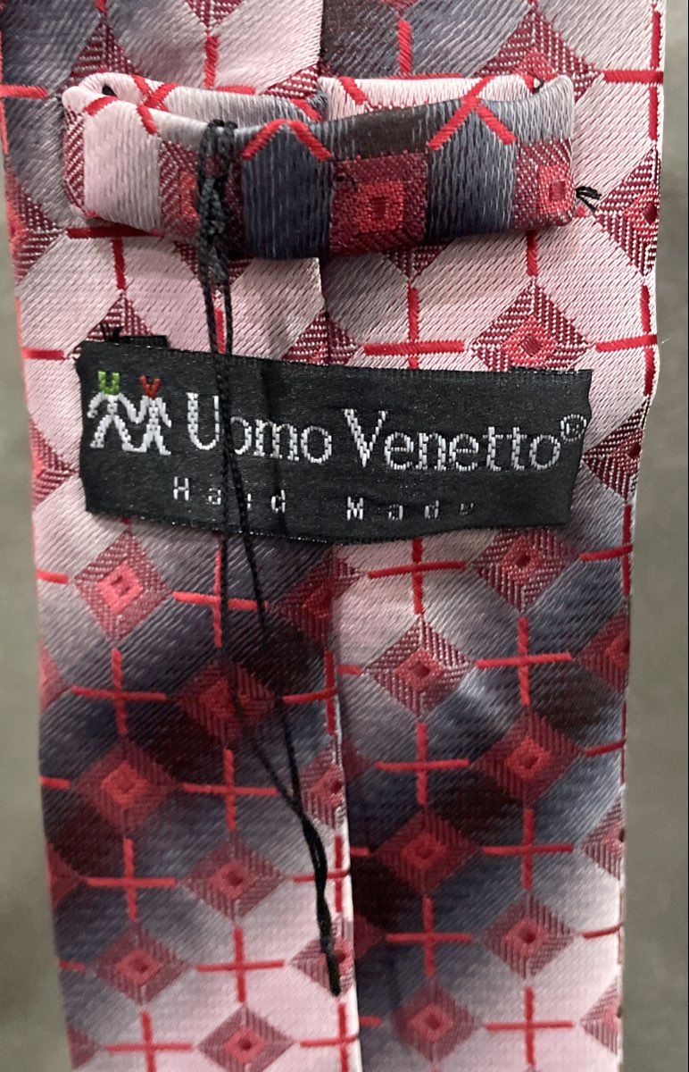Uomo Venetto Men's Ties Lot of 2 Geometric Red Pink Black Gold Stripe Handmade