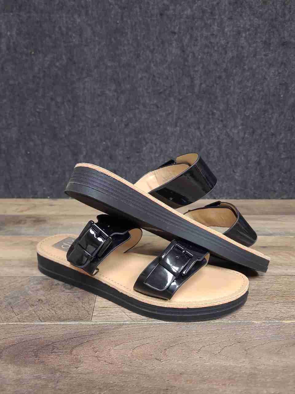 DV Dolce Vita Heather Black Patent Double Buckle Slide Sandals Women's Size 8
