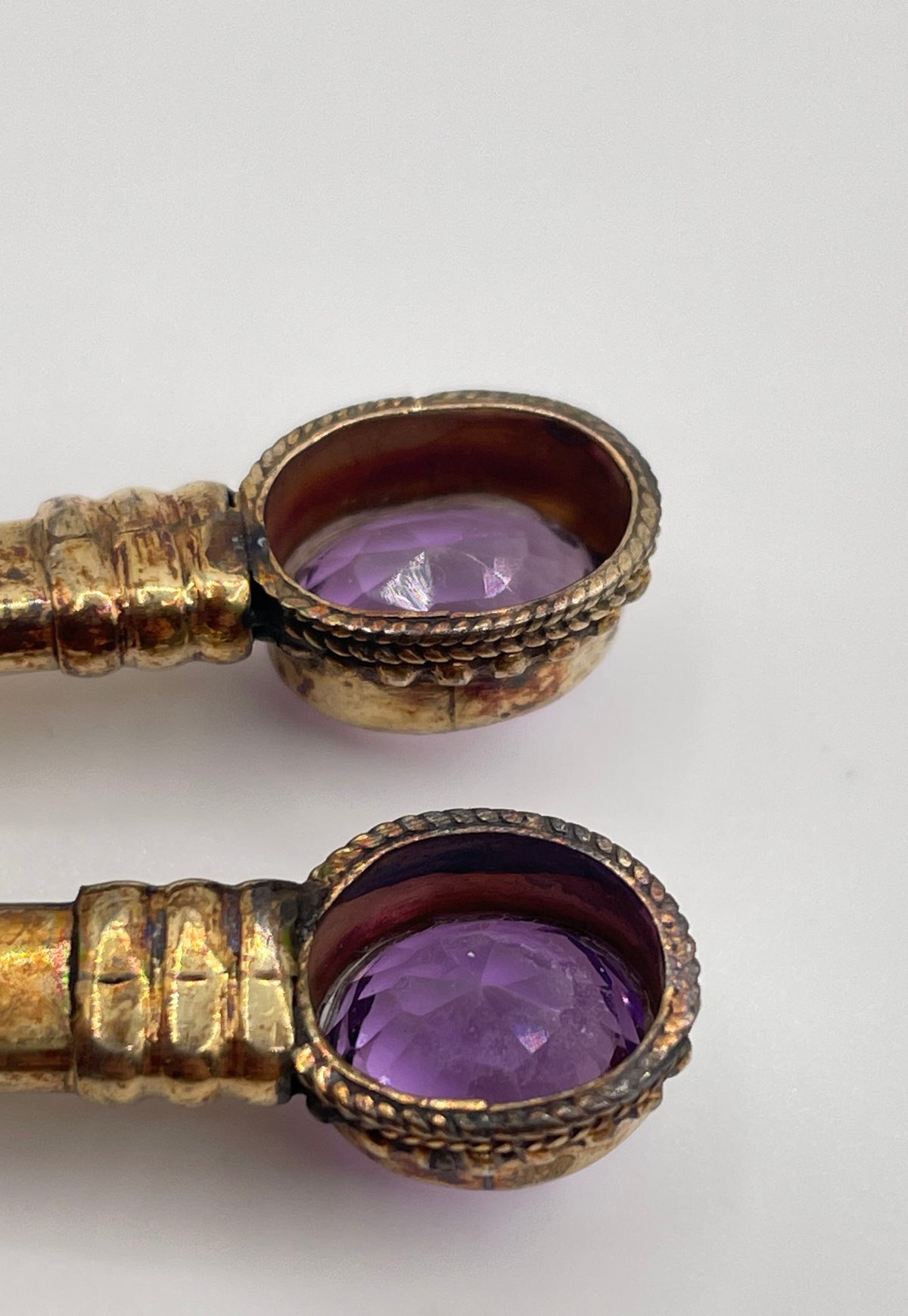 925 Sterling Silver Gold Tone Oval-Cut Amethyst Pillar Drop Earrings 8g
