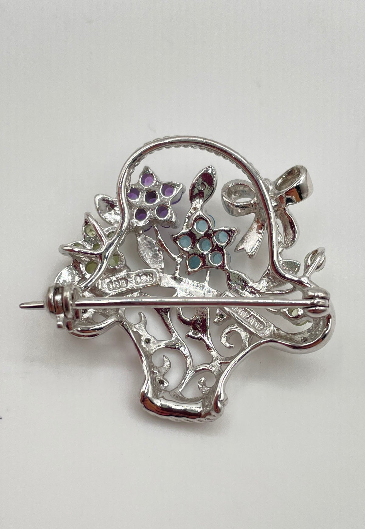 925 Sterling Multicolor Stone Flower Basket Brooch Pin Mixed Metal Back 5.3g