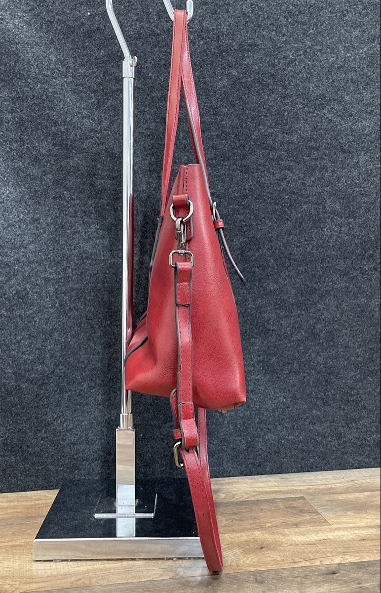 Red Leather Tote Bag Large Double Handle Removable Crossbody Strap