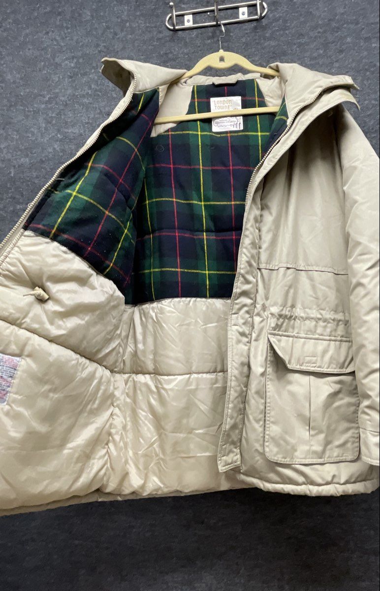 Vintage 80s London Towne Tan Plaid Lined Hooded Parka Jacket Sz XL Long