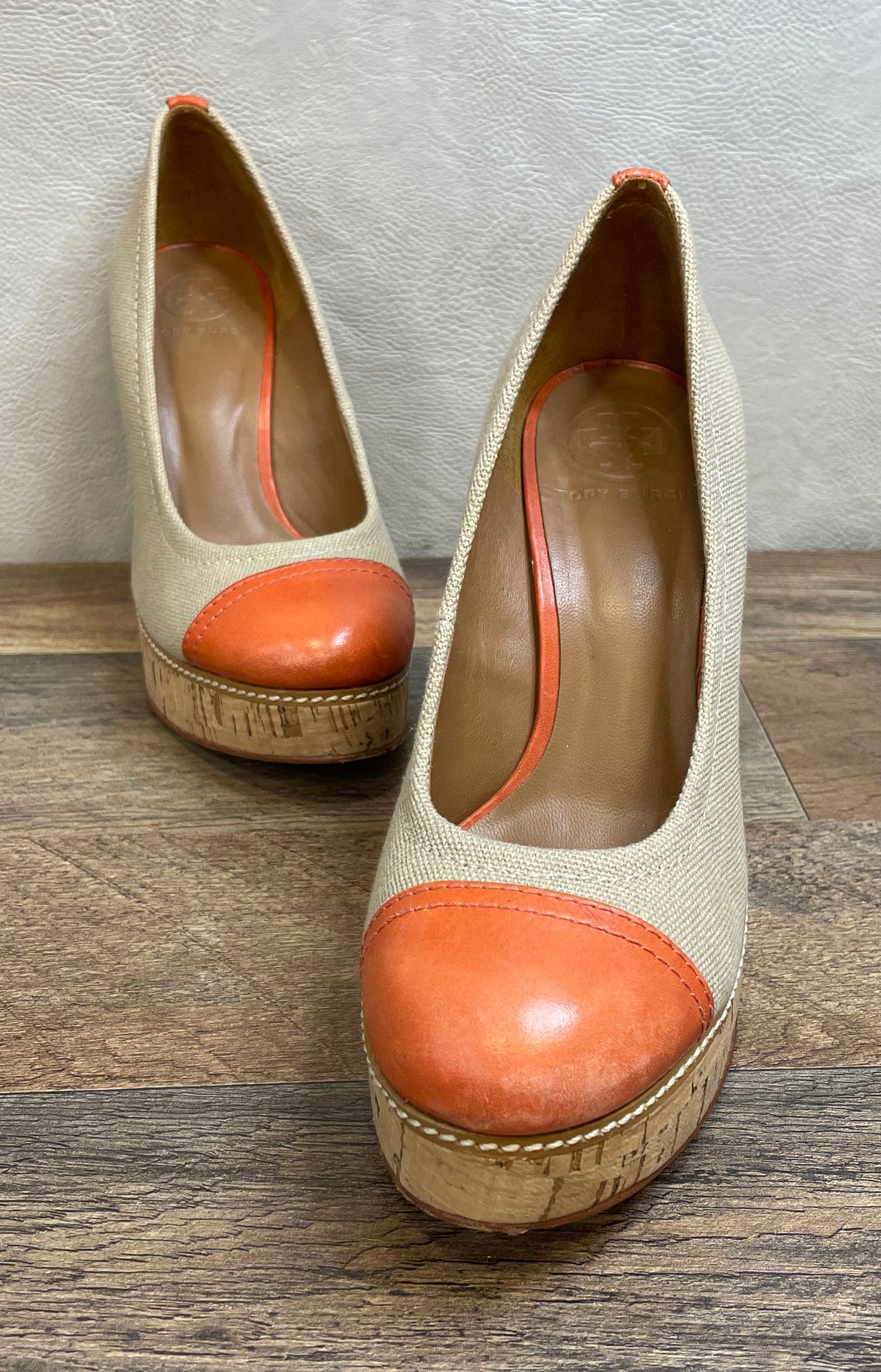 Tory Burch Canvas Orange Leather Toe Cork Platform Wedge Heels Size 7M