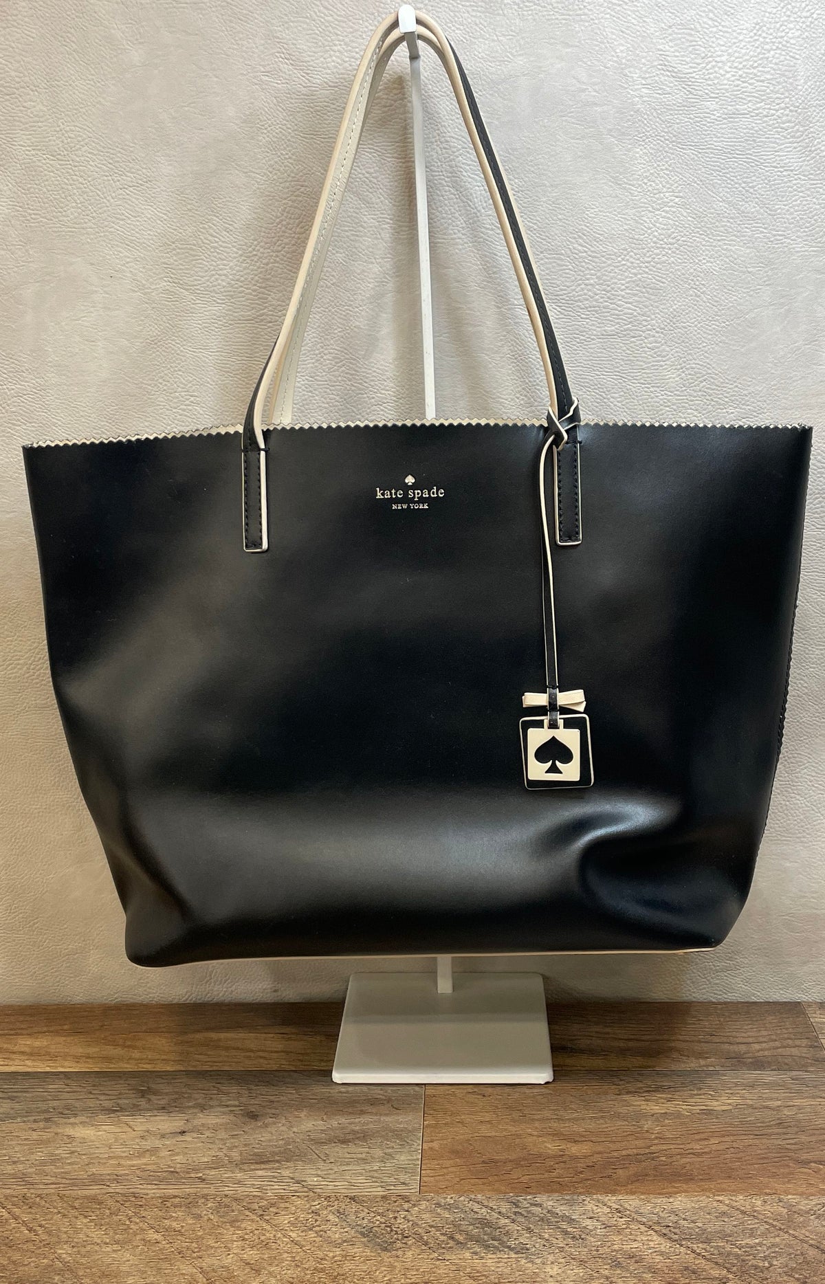 Kate Spade Black Leather Scalloped Trim Tote Bag Silver Hardware