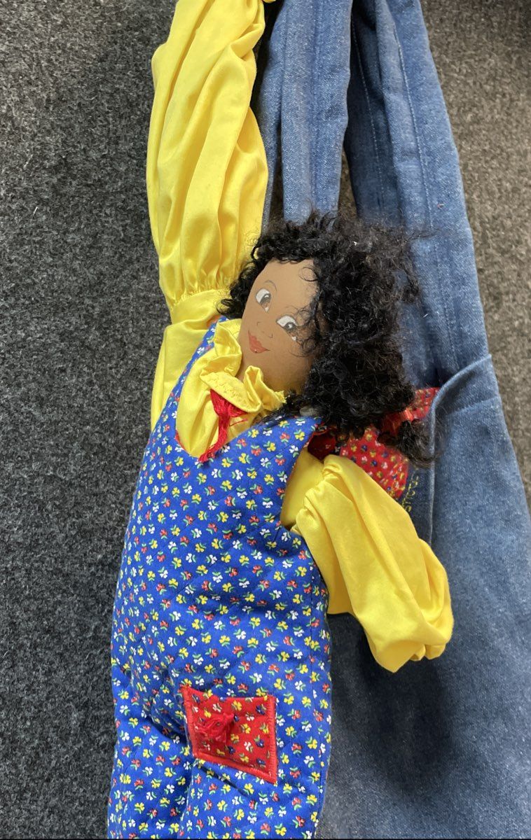 Denim Carry Bag with Integrated Cloth Doll Folk Art Handmade Style 19 Inch