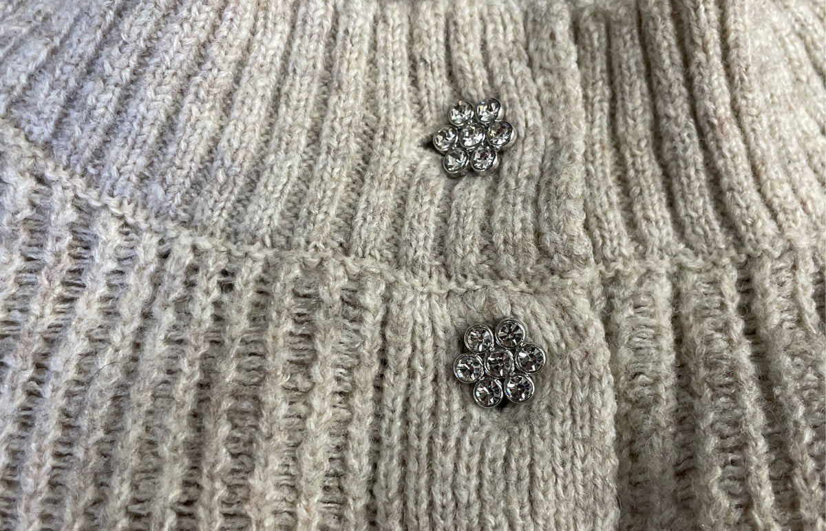 American Eagle Women's Beige Ribbed Cardigan Rhinestone Flower Buttons Sz L