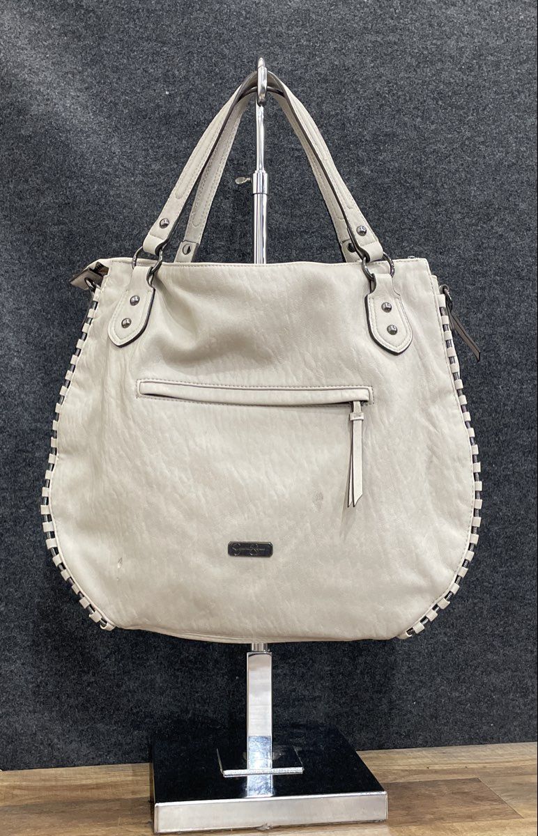 Jessica Simpson Grey Leather Shoulder Bag Hobo Purse Whipstitch Trim