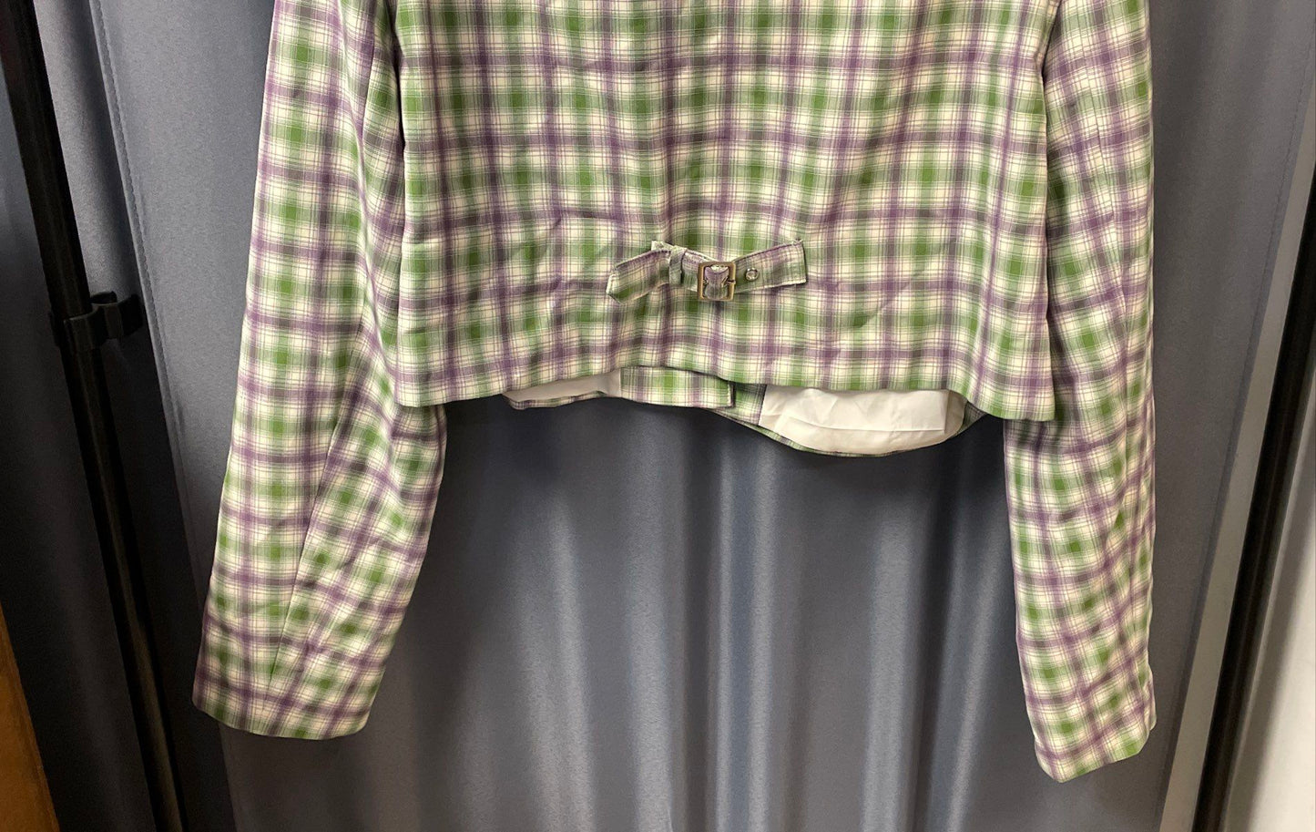 Collusion Women's Green Purple Plaid Cropped Blazer Jacket Size 8