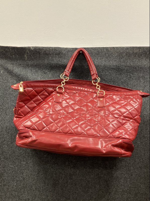 Red Quilted Faux Leather Weekender Travel Duffle Bag Overnight Luggage